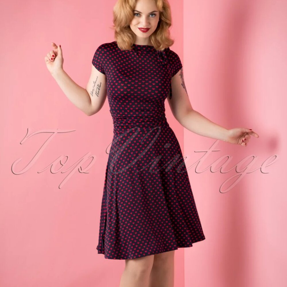 50s Bridget Heart Bombshell Dress in Navy and Red